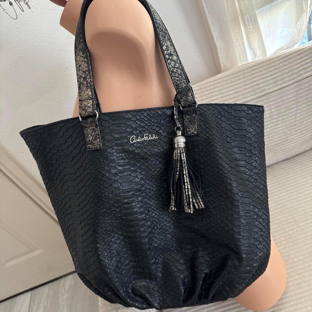 Carlos falchi Black snakeskin print tote bag with tassel